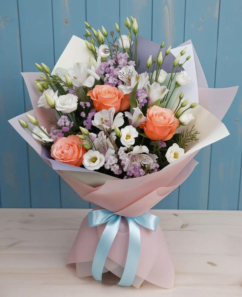 Букет цветов из: Лизиантусы, Розы, Альстромерии и Гипсофила в Старой Ситне